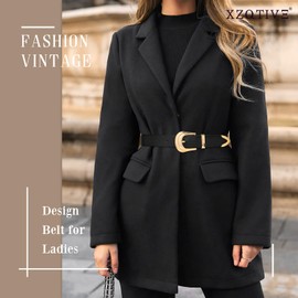 XZQTIVE Women's Leather Belt Ladies Western Belt Silver Gold Buckle Black Waist Belt for Jeans Pants Dresses, XL, Black With Gold Buckle