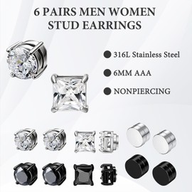 6 Pairs Magnetic Earrings Men's Magnetic Earrings Magnetic Earrings Men's Magnetic Earrings Women's Magnetic Earrings Magnetic Earrings for Men Earrings Magnetic Men's Magnetic Earrings, Stainless