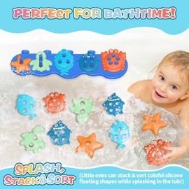 Silicone Baby Bath Toys – Stackable, Shape-Sorting Floating Set with 10 Mold-Free Textured Pieces, No-Hole Design – Early Learning Bathtub Toys for Toddlers and Kids