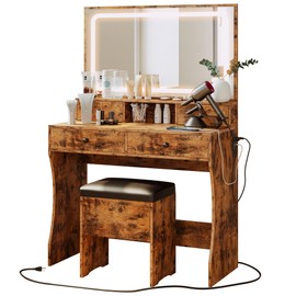 IRONCK Vanity Desk Set with LED Lighted Mirror & Power Outlet, Makeup Vanity Table with 4 Drawers,Storage Bench,for Bedroom, Bathroom, Vintage Brown