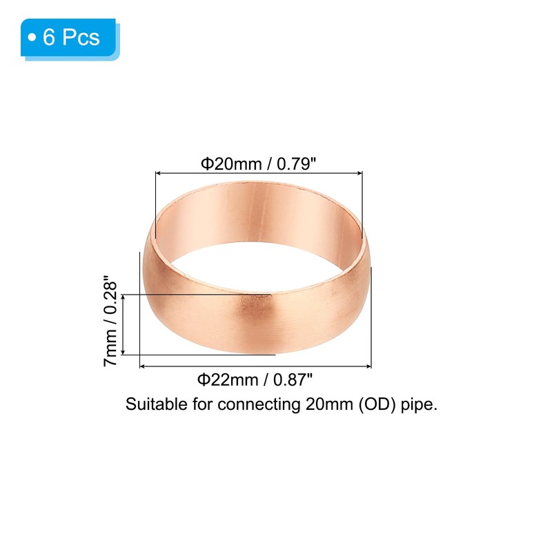 PATIKIL 20mm Tube OD Compression Sleeves Ferrules, 6pcs Copper Ferrule