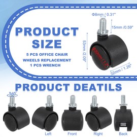 PATIKIL Office Chair Wheels Replacement 1", 5 Pcs Nylon Heavy Duty Office Furniture Casters Wheels with Wrench for Hardwood Floor Carpet, Black(M8 Threaded Stem Stem)