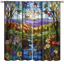 Stained Glass Curtains,Mid Century Vintage Scenery Botanical Floral Abstract Geometric Landscape Window Treatments for Bedroom Living Room Kitchen Drapes 42" W X 45" L