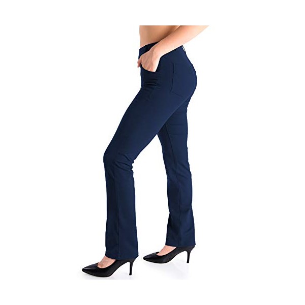Yogipace,4 Pockets/Belt Loops, Tall Women's Straight Leg Yoga Dress Pants Work Pants Slacks Office Commute Travel, 35",Navy Blue,Size S