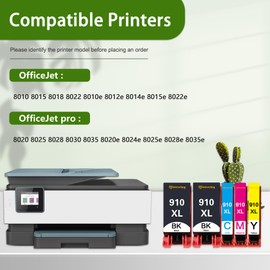 910XL 910 XL Ink Cartridges Combo Pack (5-Pack, 2Black/1Cyan/1Magenta/1Yellow) Replacement for 910XL Black and Color Ink Cartridges OfficeJet 8010 8015 8022 Pro 8020 8025 8028 8030 8035 Printer