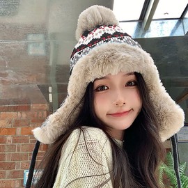 Women Teens Coldproof Knitted Trapper Hat with Thick Faux Fur Lining, Winter Furry Ushanka Earflap Cap Beanie Windproof Warm Cycling Ski Hunting Hat with Ear Flap Black