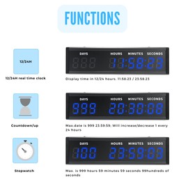 Large Digital Count Up Count Down Timer, Multi-Function 999 Days Countdown Remote Control 12/24 Hour Real Time Clock Calendar, Blue Large Display(18.8"*5") Buzzer Alert for Event