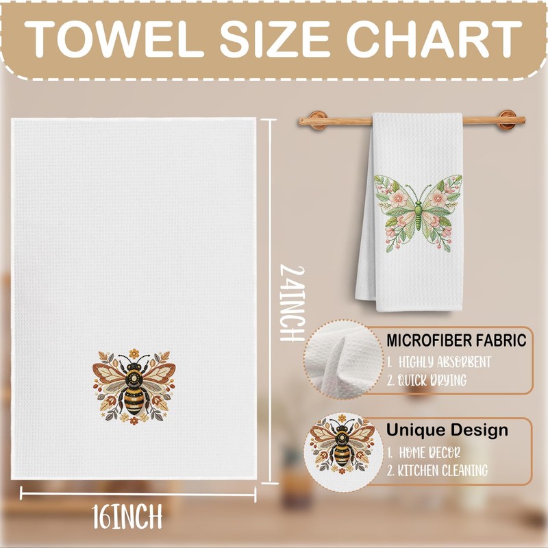 Floral Bee Butterfly Kitchen Towels 16x24 Inch Set of 2