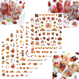 Fall Nail Art Stickers Thanksgiving Day Turkey Pumpkin Nail Decals 3D Self-Adhesive Holiday Maple Leaf for DIY Autumn Party Nail Supplies Decoration 8 Sheets