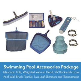 SmartClear SPAGKIT2 Deluxe Swimming Maintenance Accessories Cleaner Set, Weighted Vacuum Head 25’ Backwash Hose, Pool Wall Brush, Test Kit, Two Leaf Skimmers and Thermometer, Multicolor