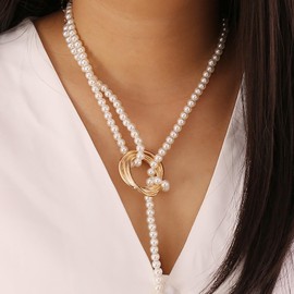Dcfywl731 Gold Pearl Lariat Necklace for Women: Long, Trendy, Elegant, Formal & Casual Occasions