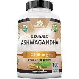 Organic Ashwagandha 2,100 mg - 100 Veggie Capsules Pure Organic Ashwagandha Powder and Root Extract - Stress Relief, Mood Enhancer