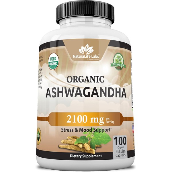 Organic Ashwagandha 2,100 mg - 100 Veggie Capsules Pure Organic
