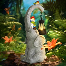 OASISCRAFT Garden Elephant Statue Outdoor Decor with Solar Lantern, Cute Elephant Sculpture Figurine Lights with Garden Gnome for Yard Art Lawn Ornaments Decorations Outside Patio Home Porch, 28cm