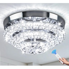 Cainjiazh 11.8" Modern Crystal Chandeliers LED Crystal Ceiling Light Fixture Flush Mount Ceiling Chandelier Light Chandelier for Dining Room Hallway Three-Tier Dimmable with Remote Control