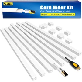 YesBes 116in Cord Hider Kit, Cord Covers for Wires on Wall, Cord Hider for Wall Mount tv, Paintable Cable Raceway, tv Cable Hider Wall kit, Wire Covers for Cords, W0.59in X H0.4in, White