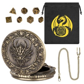 Mini DND Dice Set, with Steampunk Dragon Head Pocket Watch Shell Case, 7-Piece Polyhedral Metal D&D Dice, DND Gift Bag with Dragon Logo, RPG, MTG, Role Play Board Game Accessories, Bronze