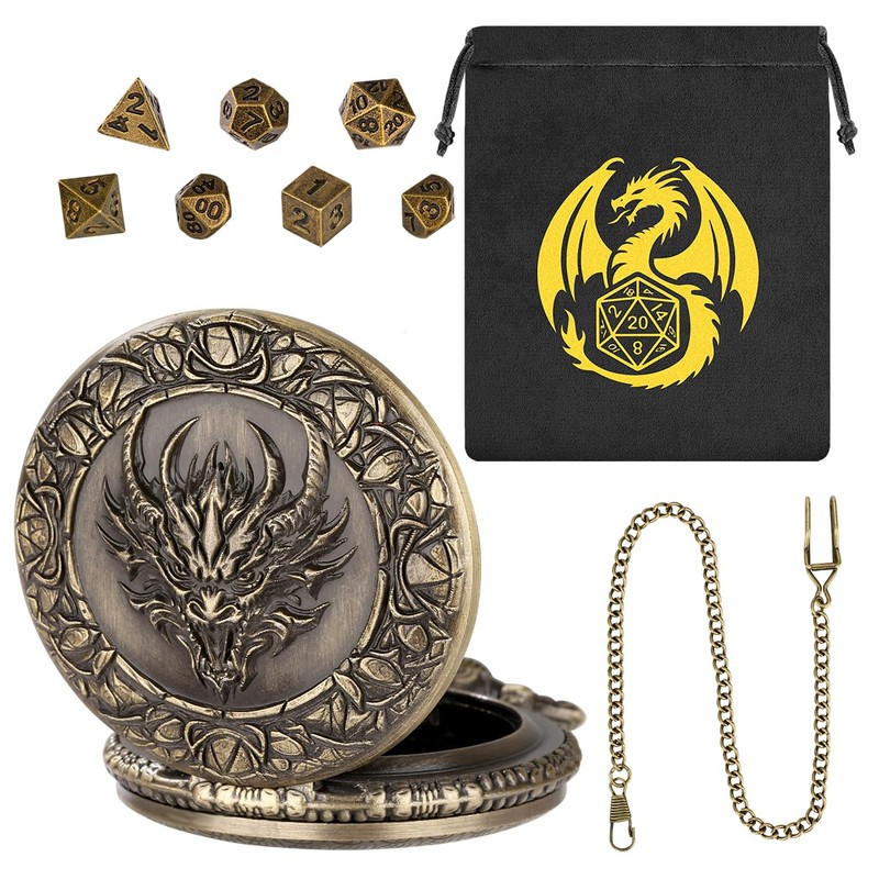 Mini DND Dice Set, with Steampunk Dragon Head Pocket Watch