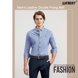 LEACOOLKEY Double Prong Leather Belts for Men PU Leather Work Belt For Jeans,2 Holes Casual Leather Belt for Men （Coffee,Fits Pants Size up to 36"）