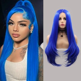 AFBeauty Navy Blue Lace Front Wig Straight Long Wigs for Women Glueless Lace Front Wigs Teal Colored Cosplay Synthetic Real Hair Wig Dark Blue Drag Queen Lace Fronts Women's Wigs 24 Inch