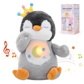 Edencomer Schlummer Cuddly Toy - Snooze Penguin with Simulated Breath, Music and Night Light, Cuddly Toy with Breathing Movement, Accompany Children to Sleep (Grey)