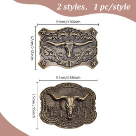 WEBEEDY 2 Styles Long Horn Bull Belt Buckles American Western Cowboy Belt Buckle for Men Women,Vintage Bronze Belt Buckle with Longhorn Motif and Western Scroll Engraving Unisex Fashion Gift