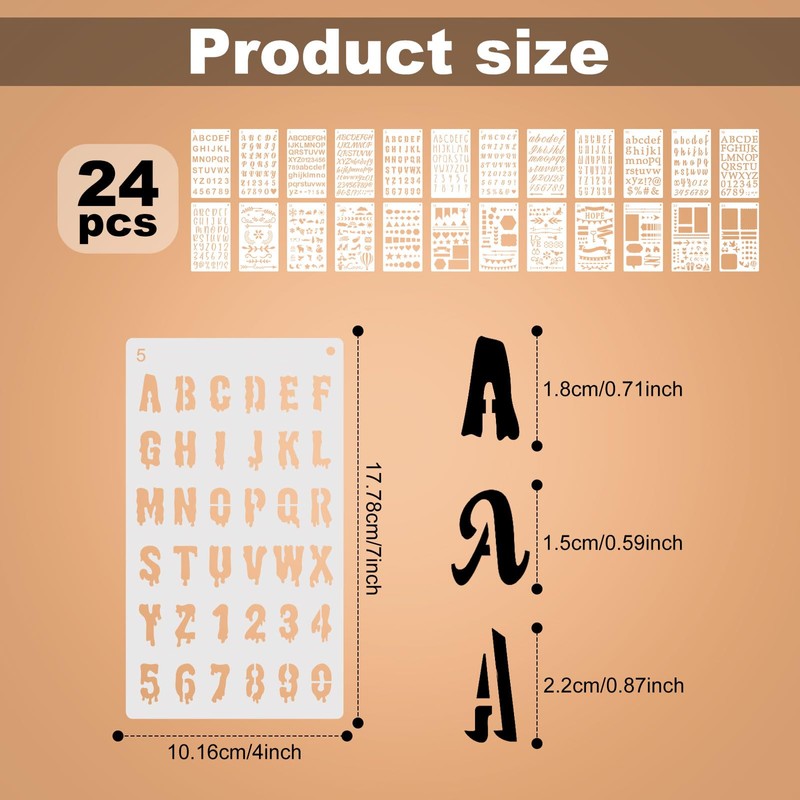 24pcs Calligraphy Stencil Kit, Various Shapes Letters Numbers Patterns Common