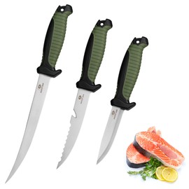 Mossy Oak 3-Piece Fishing Fillet Knife Set with Protective Sheath, Stainless Steel Filet Knives with Non-Slip Handle, Bait Knife for Filleting and Boning (Military Green)