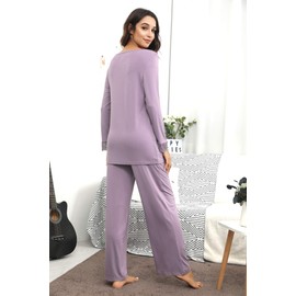 WiWi Bamboo Soft Pajamas Sets for Women Long Sleeve Sleepwear Laced V Neck Top with Pants Plus Size Loungewear S-4X, Violet, Large