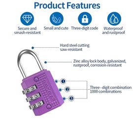 RESET-071 3-Digit Combination Padlock, Compact Resettable Lock for Mini Locker, Travel Lock, Diary, Luggage, Suitcase, Backpack, Purple, 1-Pack