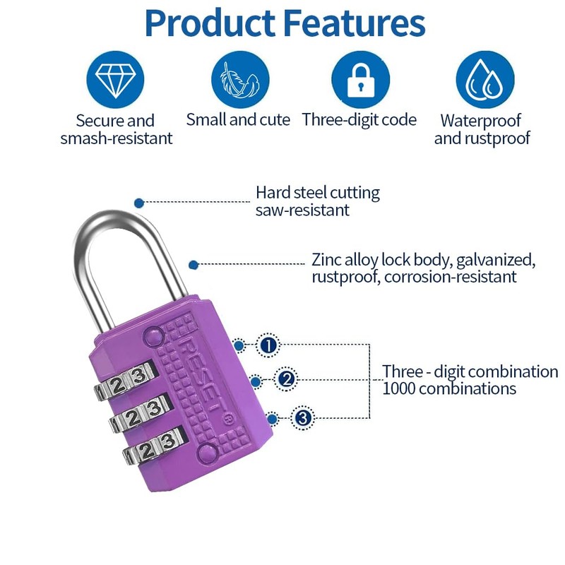 RESET-071 3-Digit Combination Padlock, Compact Resettable Lock for Mini Locker,