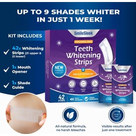 SmileSleek Professional Teeth Whitening Strips 21 Treatments - Enamel Safe - Non-Sensitive Formula - 42 Peroxide-Free Whitening Strips - Dentist Formulated Teeth Whitening Kit + Mouth Opener Included