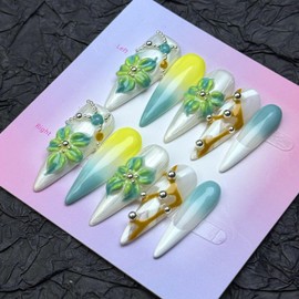 100% 5D Handmade Press on Nails Ombre Green Long Stiletto Fake Nails with Flower Design Rhinestone Glue on Nails Reusable Blue Gradient Handmade Nails for Women Girls Manicure 10pcs Size L