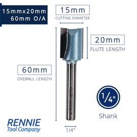 Rennie Tools - 15mm Cutting Diameter x 20mm Flute x 1/4" Shank TCT Tipped 2 Flute Straight Router Cutter Bit. Compatible With Makita Bosch Trend Katsu Dewalt Router Etc. 15mm Router Bit