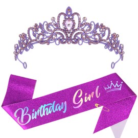 CIEHER Birthday Girl Crown and Sash - Purple Tiara Birthday Decorations for Women and Girls