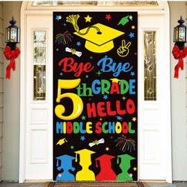 5TH Grade Graduation Decorations 2025, 5TH Grade Graduation Door Cover Banner Supplies, Bye Bye 5TH Grade Hello Middle School Banner Photo Backdrop, 4MF