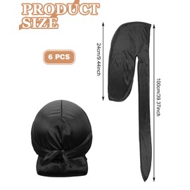 FUGLUS Men's 6 Pieces Silk Wave Cap with Long Tail Elastic Durags Soft Breathable Silky Wavy Perfect
