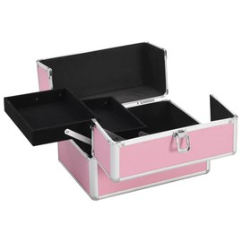 LJLB Stylish Pink Makeup Organizer: Portable Cosmetic Storage Case for Beauty Essentials, Lockable Aluminum Design with Extendable Trays, 8.7"x11.8"x8.3"