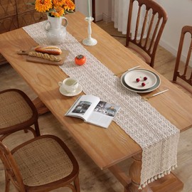 meioro Crochet Table Runners, 26x200cm Lace Table Runner Classic Beige Wedding Tablecloth Vintage Tassel Table Cover for Kitchen Dining Holiday Party Decoration