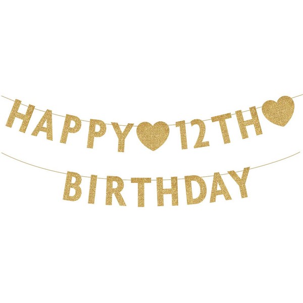 Gold Happy 12th Birthday Banner, Glitter 12 Years Old Boy or Girl Party Decorations, Supplies
