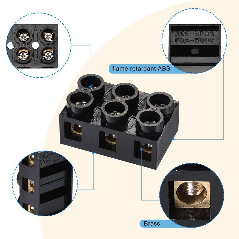 MECCANIXITY Terminal Block 500V 60A Dual Row 3 Positions Screw