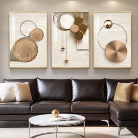 Large Framed Modern Luxury Gold Wall Art for Living Room, 3 Piece Bright Style Art Prints Paintings Artwork for Walls, Bronze Gold Geometric Pictures for Hallway Stair Office Wall Decor 24x36 In