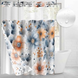 Gdmoon Blue Floral No Hook Shower Curtain with Snap in Liner, Watercolor Flower Shower Curtain with Liner, Hotel Style Modern Shower Curtain with See Through Top Window, Waterproof, 72" x 96"