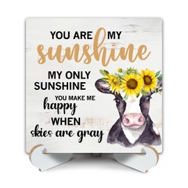 You are My Sunshine Gifts Wood Sign With Stand, Home Office Sunflower Cow Desk Decor Plaque, Inspirational Gifts for Daughter Wife Mom, Motivational Gift for Woman Man - b011