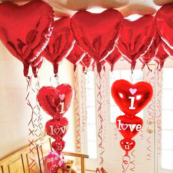 12 + 2 I Love You Balloons and Heart Balloons Kit - Pack of 14 - Valentines Day Decorations for Party | Valentines Day Balloons | Valentine Balloons | Pack of 10 Foil Mylar Red Heart Shaped Balloons
