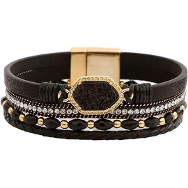 Leather Wrap Bracelet Boho Cuff Bracelets Crystal Bead Crystal Bracelet with Clasp Jewelry Gifts for Women Teen Girls (Black, One size)