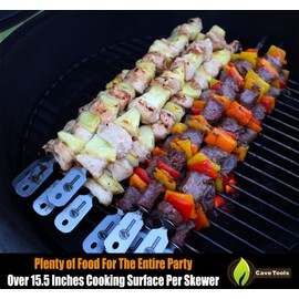 Cave Tools Skewers Set - 10 Stainless Steel Wide BBQ Kebob Sticks for BBQ Grill - Flat Metal with Food Remover Disc - BBQ Accessories, 17.3 Inch