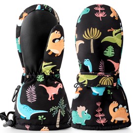 Caudblor Kids Mittens for Age 2-4,5-7,8-10, Dinosaur Toddler Waterproof Long Cuff Winter Mitten Gloves for Boy, Black Little Boys Fleece Snow Mittens, Lightweight Childrens Mittens for Skiing,Skating