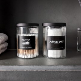 Mason & Fable Ribbed Glass Bathroom Jars with Airtight Black Bamboo Lids for Cotton Pad/Swab/Q tip Holder/Bath Salt/Bath Bombs/Makeup/Apothecary Storage Canister Organizer | Set of 4-10 fl.oz