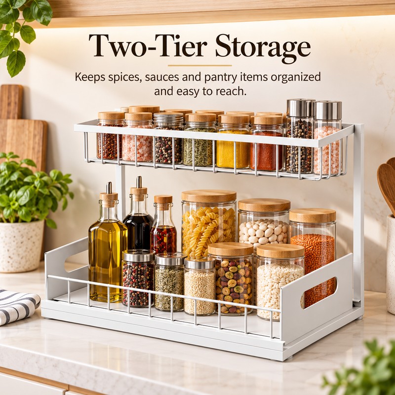 2-Tier Under Sink Organizer for Cabinet Storage – Metal Pull-Out